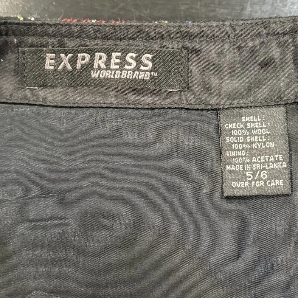Vintage Y2K Express Wool Mini Skirt Black Plaid Preppy Grunge Goth Womens Small